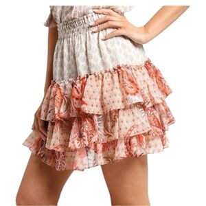 MISA LOS ANGELES Floral Ruffle Skirt in Pink and Cream Size Small